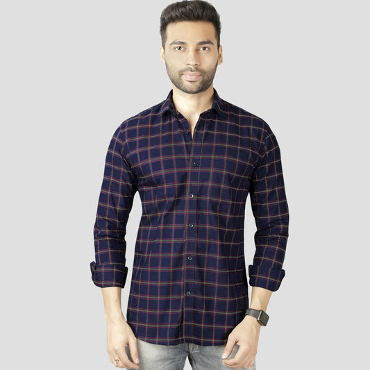 5thanfold Men's Casual Pure Cotton Full Sleeve Checkered Dark blue Slim Fit Shirt