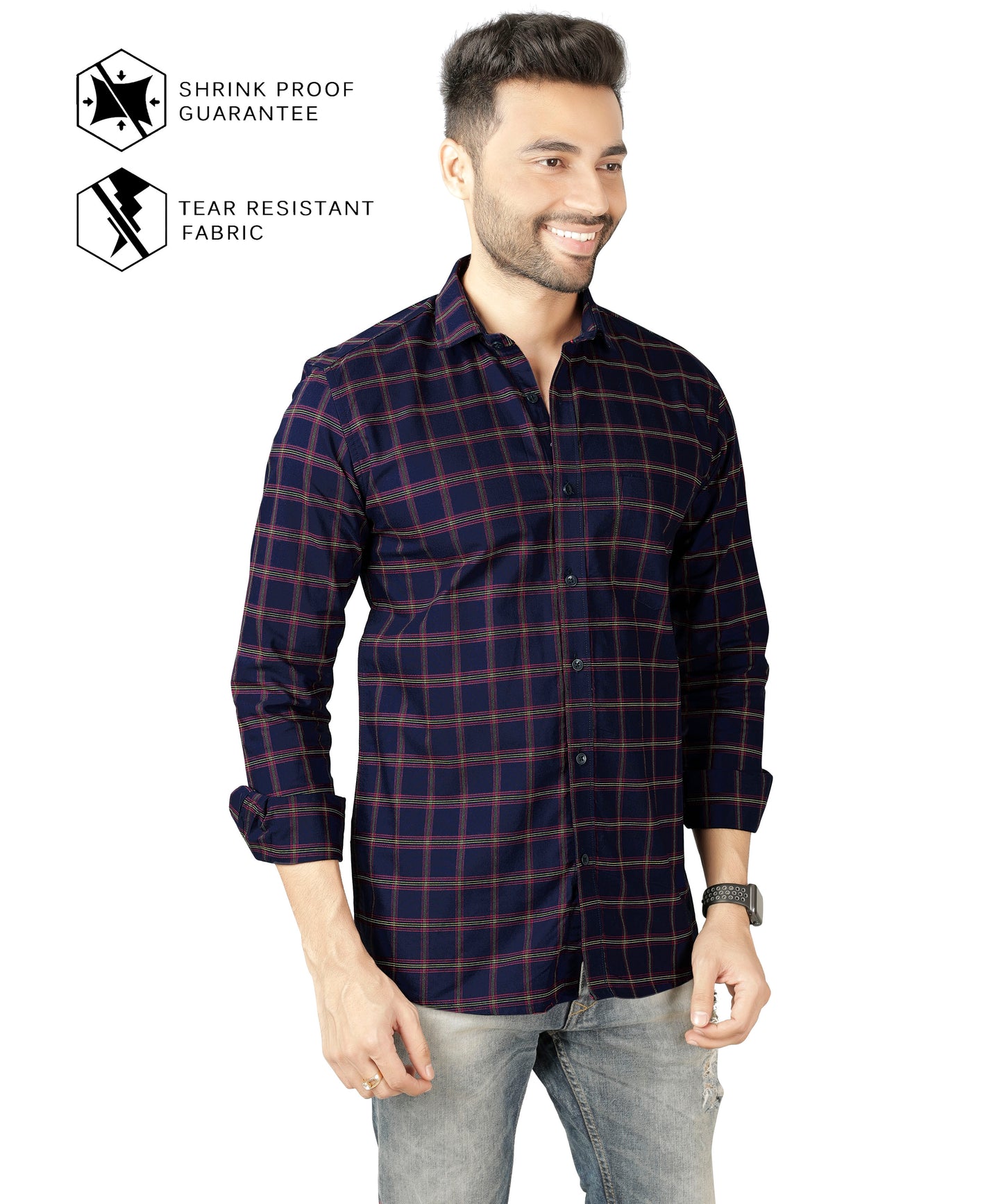 5thanfold Men's Casual Pure Cotton Full Sleeve Checkered Dark blue Slim Fit Shirt