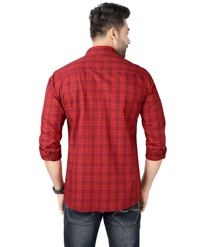 5thanfold Men's Casual Pure Cotton Full Sleeve Checkered Red Slim Fit Shirt