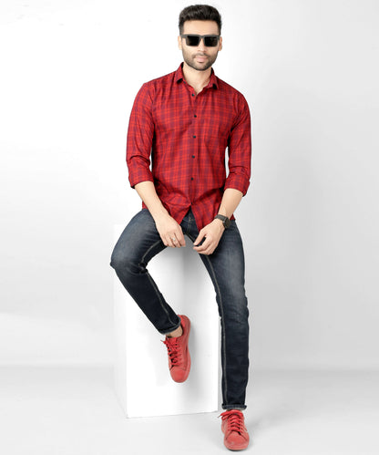 5thanfold Men's Casual Pure Cotton Full Sleeve Checkered Red Slim Fit Shirt