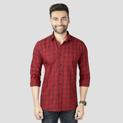 5thanfold Men's Casual Pure Cotton Full Sleeve Checkered Red Slim Fit Shirt