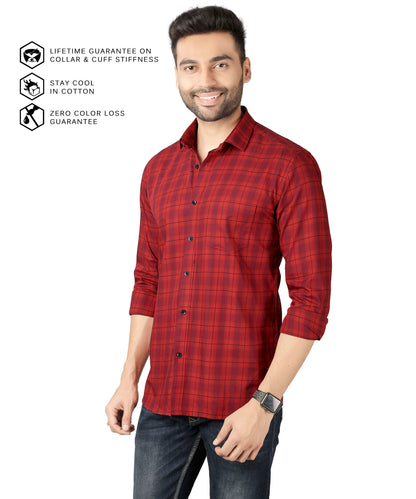 5thanfold Men's Casual Pure Cotton Full Sleeve Checkered Red Slim Fit Shirt