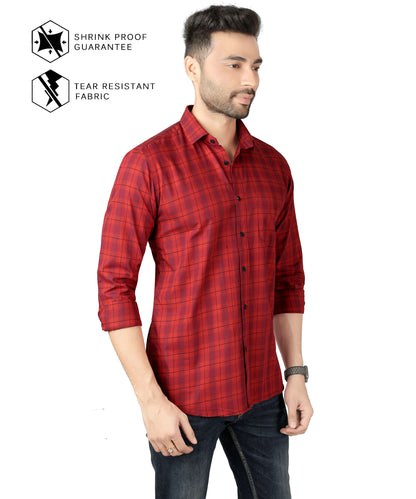 5thanfold Men's Casual Pure Cotton Full Sleeve Checkered Red Slim Fit Shirt