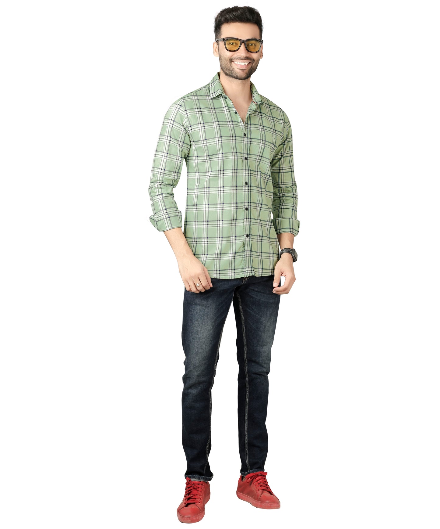 5thanfold Men's Casual Pure Cotton Full Sleeve Checkered Pista green Slim Fit Shirt