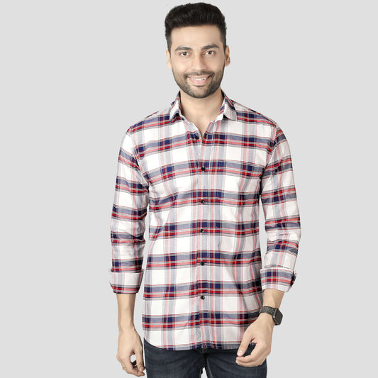5thanfold Men's Casual Pure Cotton Full Sleeve Checkered White Slim Fit Shirt