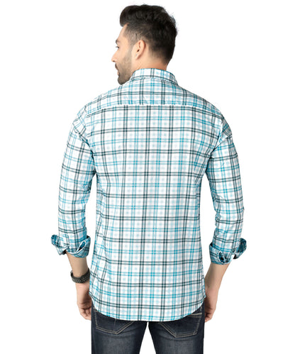 5thanfold Men's Casual Pure Cotton Full Sleeve Checkered Sky blue Slim Fit Shirt