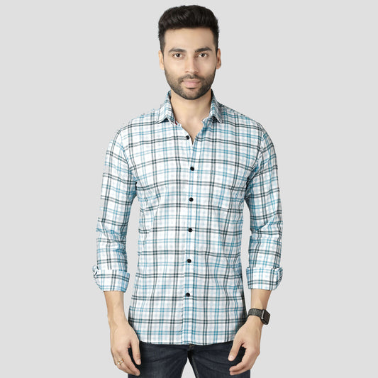 5thanfold Men's Casual Pure Cotton Full Sleeve Checkered Sky blue Slim Fit Shirt