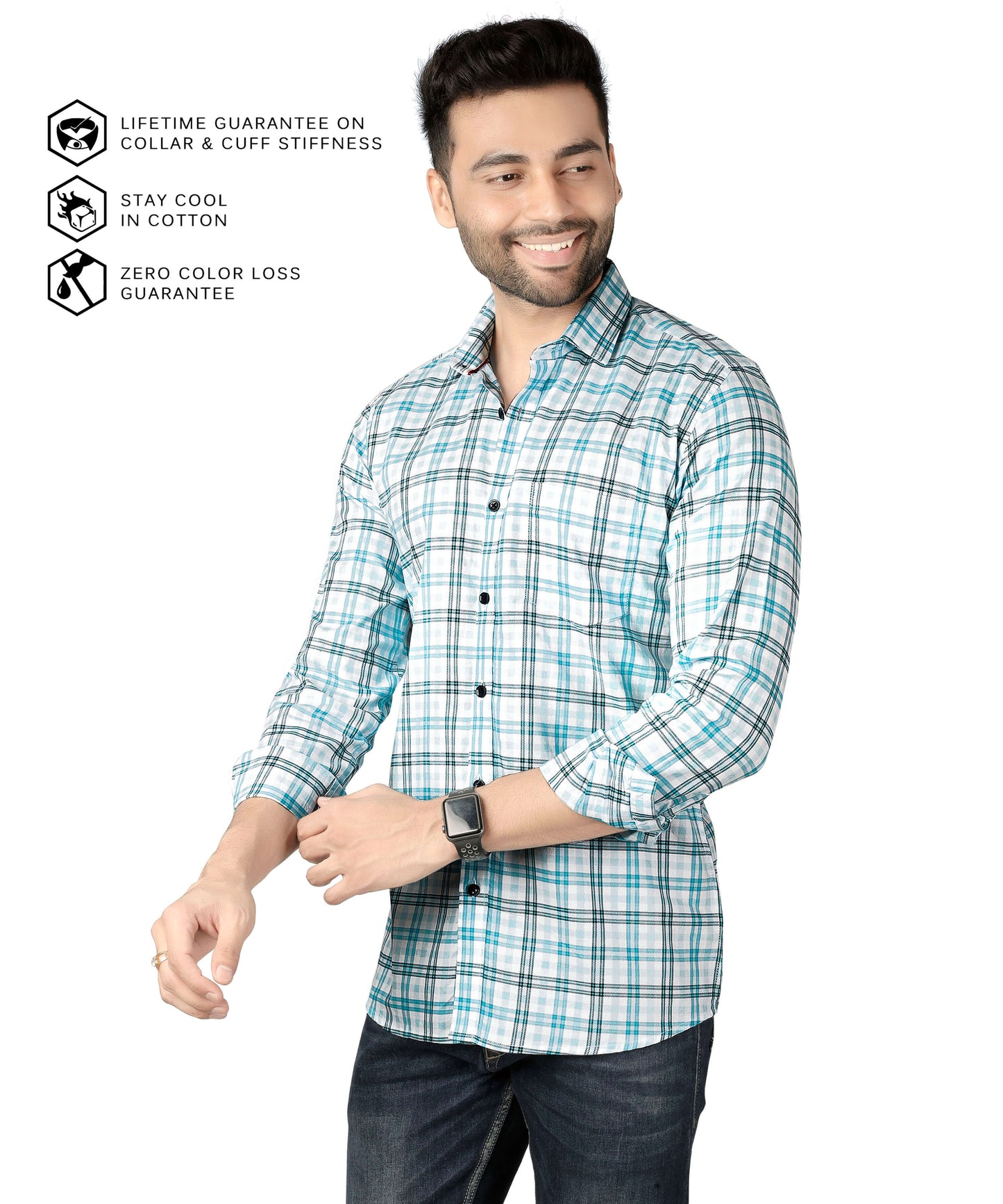 5thanfold Men's Casual Pure Cotton Full Sleeve Checkered Sky blue Slim Fit Shirt