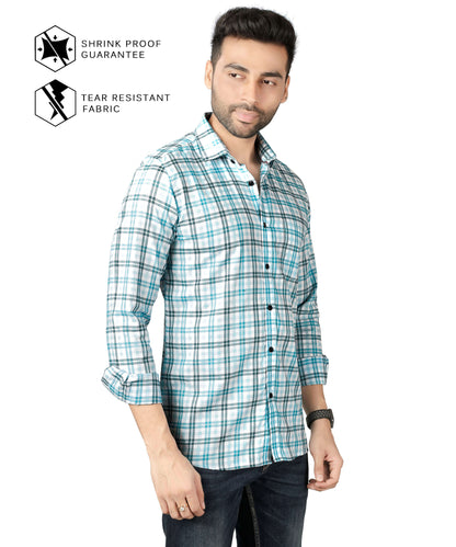 5thanfold Men's Casual Pure Cotton Full Sleeve Checkered Sky blue Slim Fit Shirt