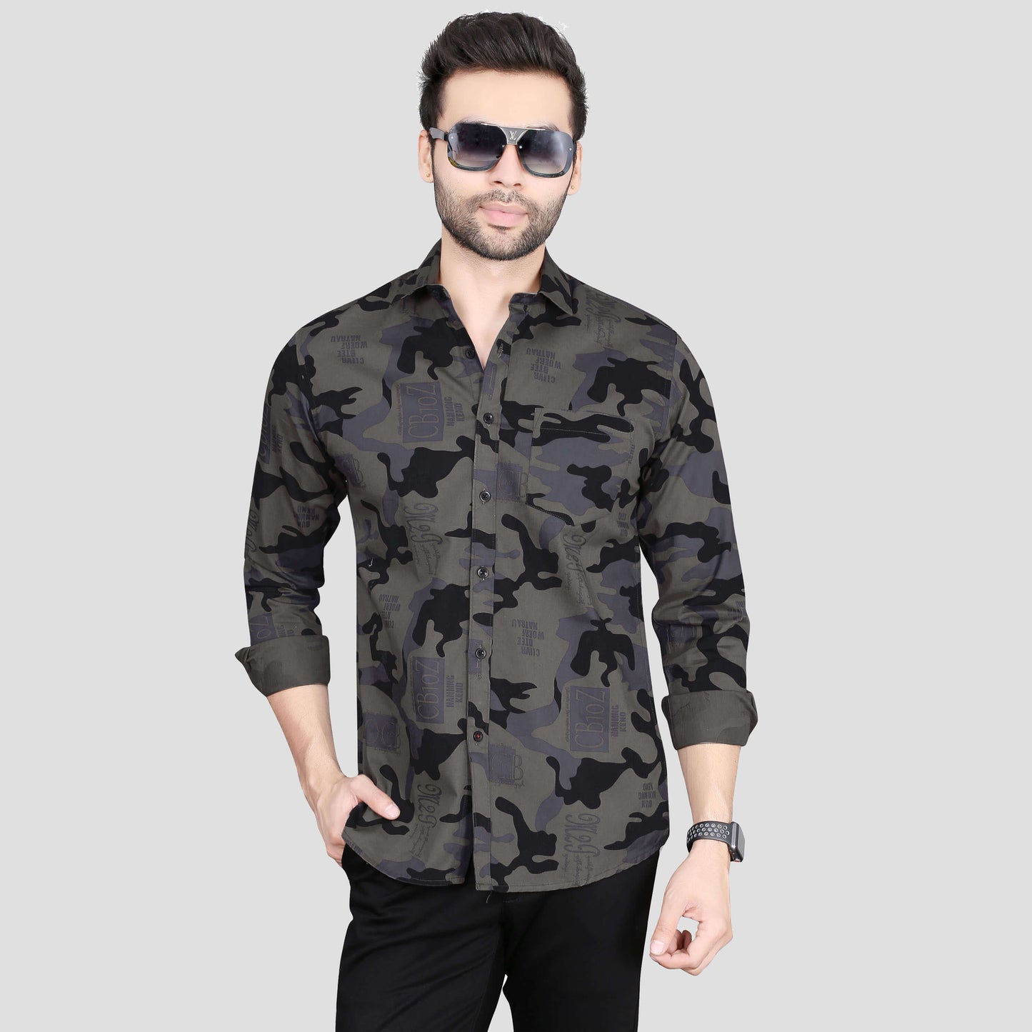 5thanfold Men's Casual  Pure Cotton Full Sleeve Printed Grey Slim Fit Shirt
