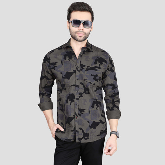 5thanfold Men's Casual  Pure Cotton Full Sleeve Printed Grey Slim Fit Shirt