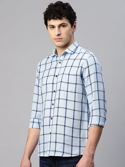 5thanfold Men's Casual Pure Cotton Full Sleeve Checkered Blue Slim Fit Shirt