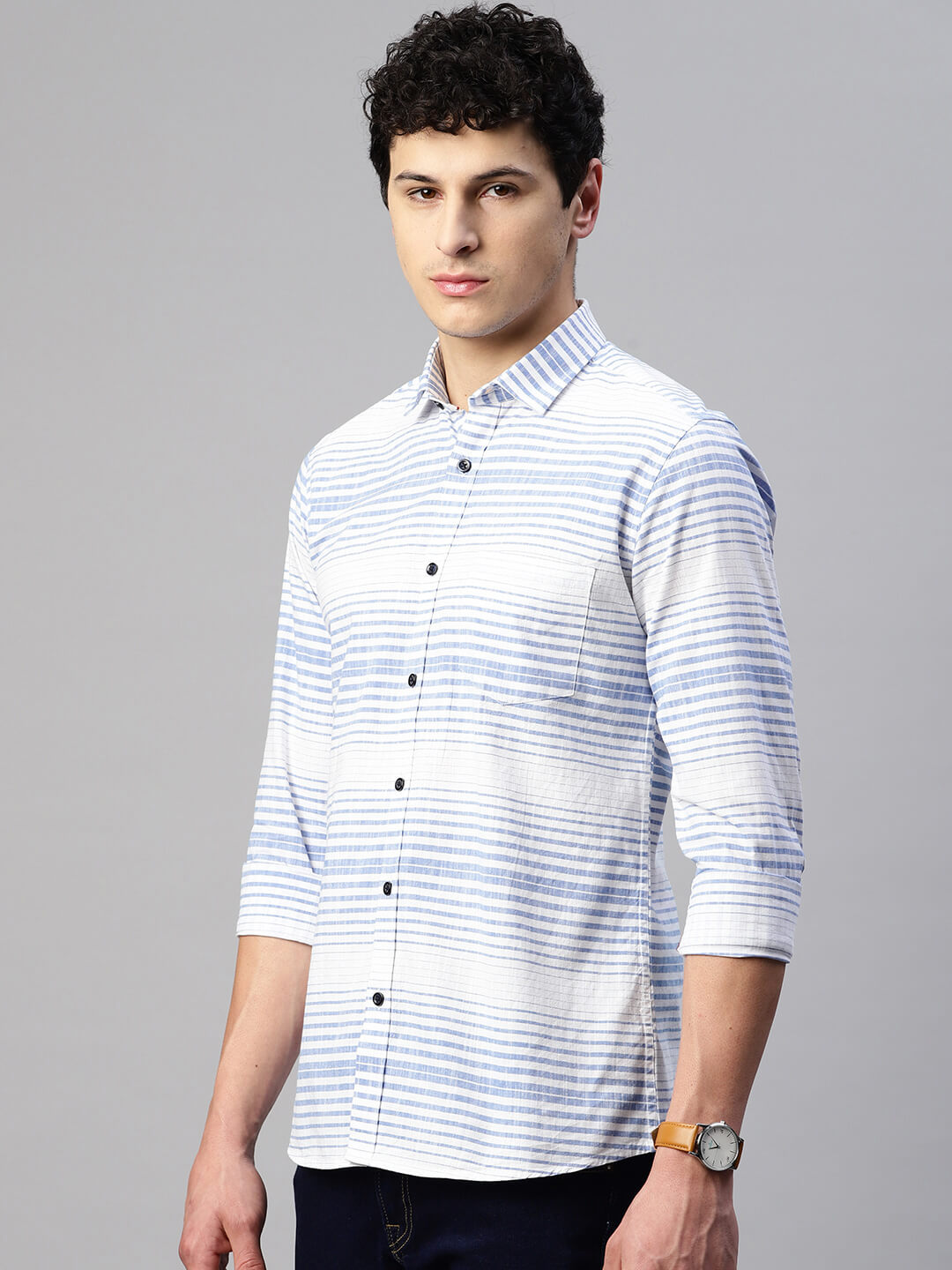5thanfold Men's Pure Cotton Casual Full Sleeve Striped Blue Slim Fit Shirt