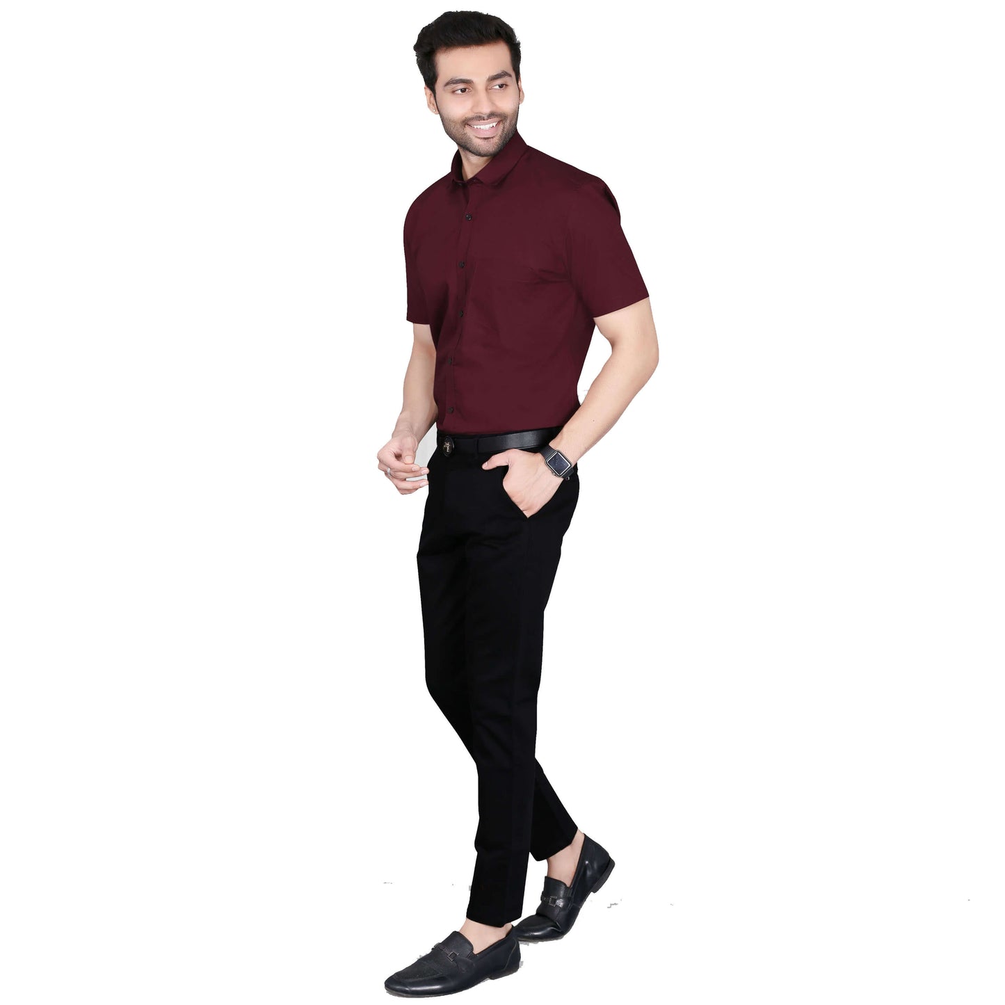 5thanfold Men's Formal Pure Cotton Half Sleeve Solid Maroon Slim Fit Shirt