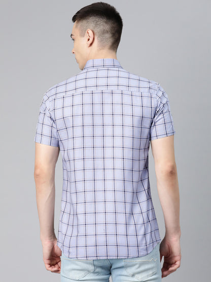 5thanfold Men's Casual Pure Cotton Half Sleeve Checkered Blue Slim Fit Shirt