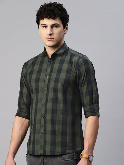 5thanfold Men's Casual Pure Cotton Full Sleeve Checkered Green Slim Fit Shirt