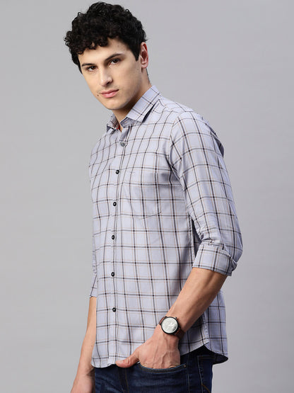 5thanfold Men's Casual Pure Cotton Full Sleeve Checkered Blue Slim Fit Shirt