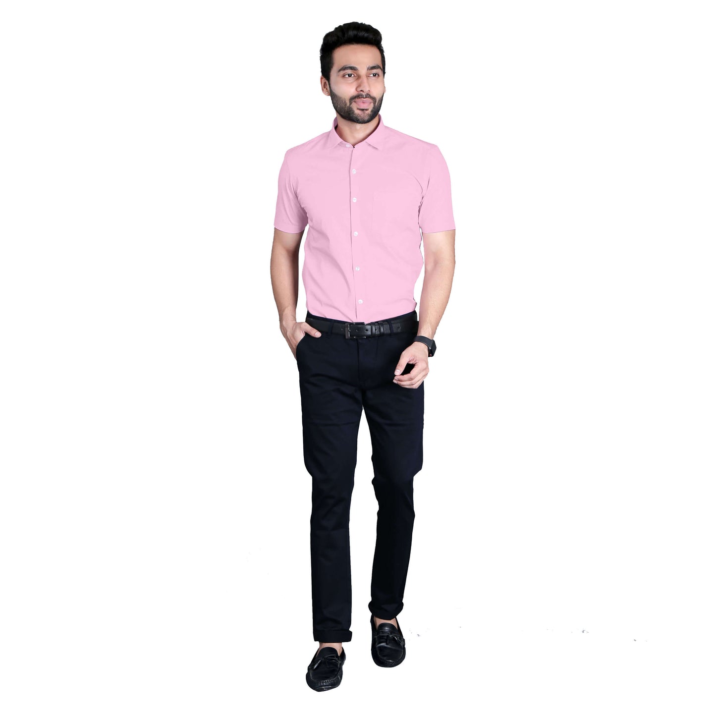 5thanfold Men's Formal Pure Cotton Half Sleeve Solid Pink Slim Fit Shirt