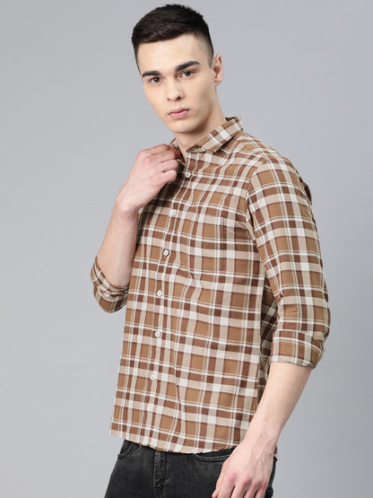 5thanfold Men's Casual Pure Cotton Full Sleeve Checkered Brown Slim Fit Shirt