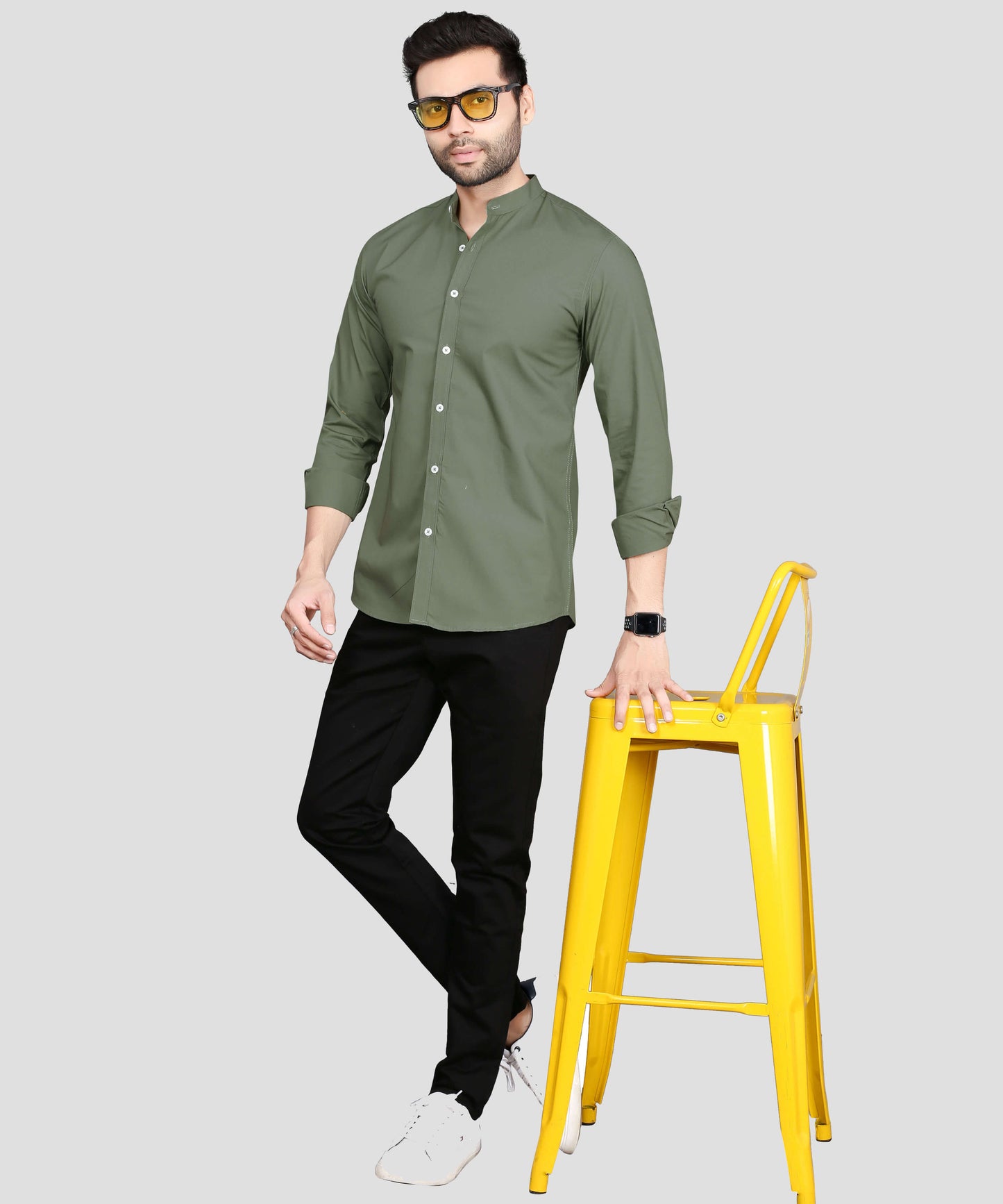 5thanfold Men's Casual Rusty Green Full Sleeve Pure Cotton Mandarin Collar Shirt (No Pocket)