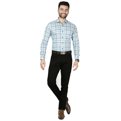 5thanfold Men's Formal Pure Cotton Full Sleeve Checkered Sky blue Slim Fit Shirt