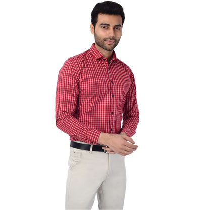 5thanfold Men's Formal Pure Cotton Full Sleeve Checkered Red Slim Fit Shirt