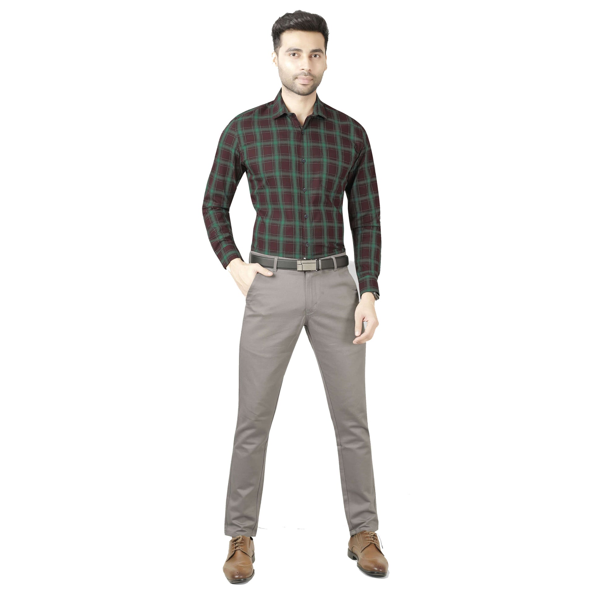 5thanfold Men's Formal Pure Cotton Full Sleeve Checkered Green Slim Fit Shirt