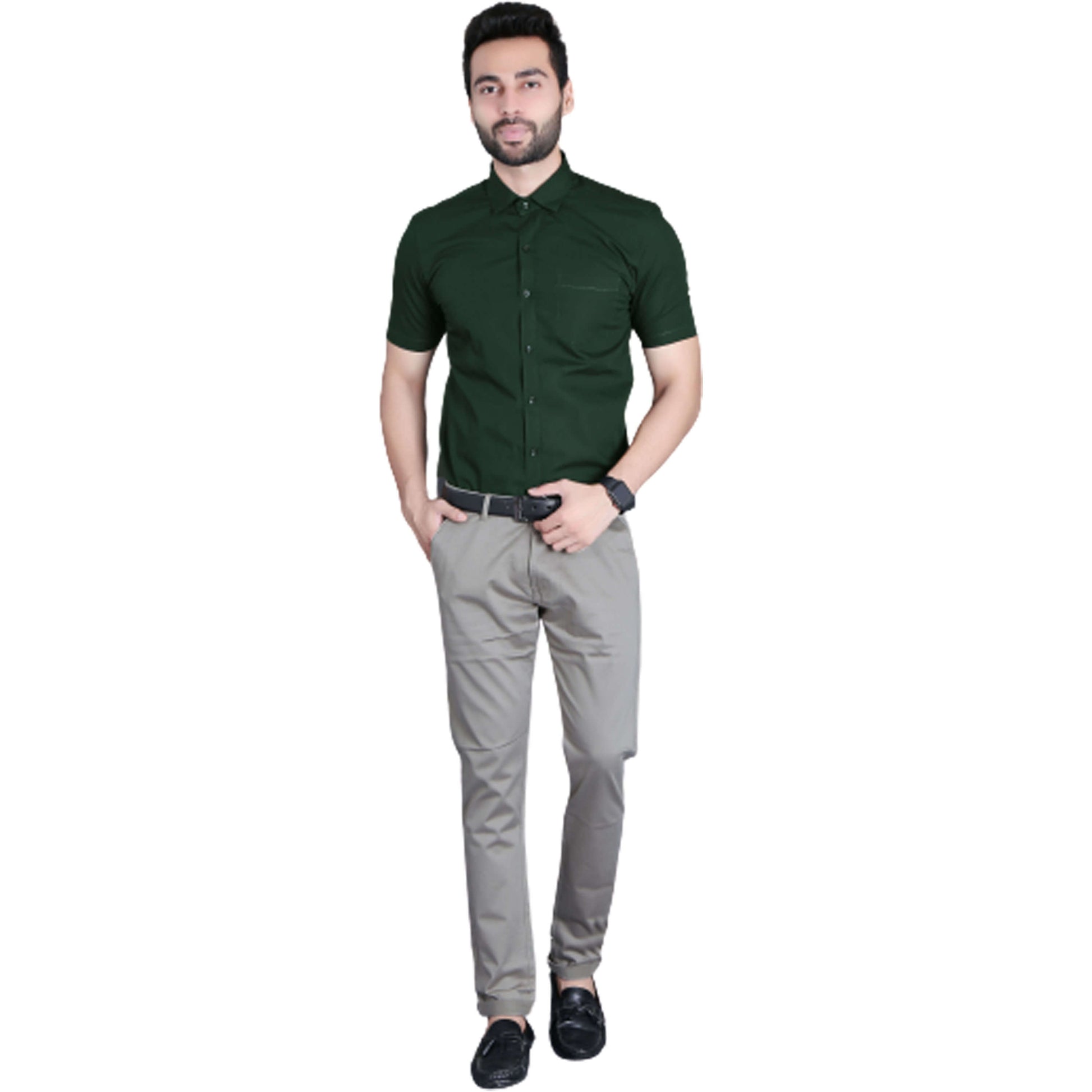 5thanfold Men's Formal Pure Cotton Half Sleeve Solid Bottle Green Slim Fit Shirt