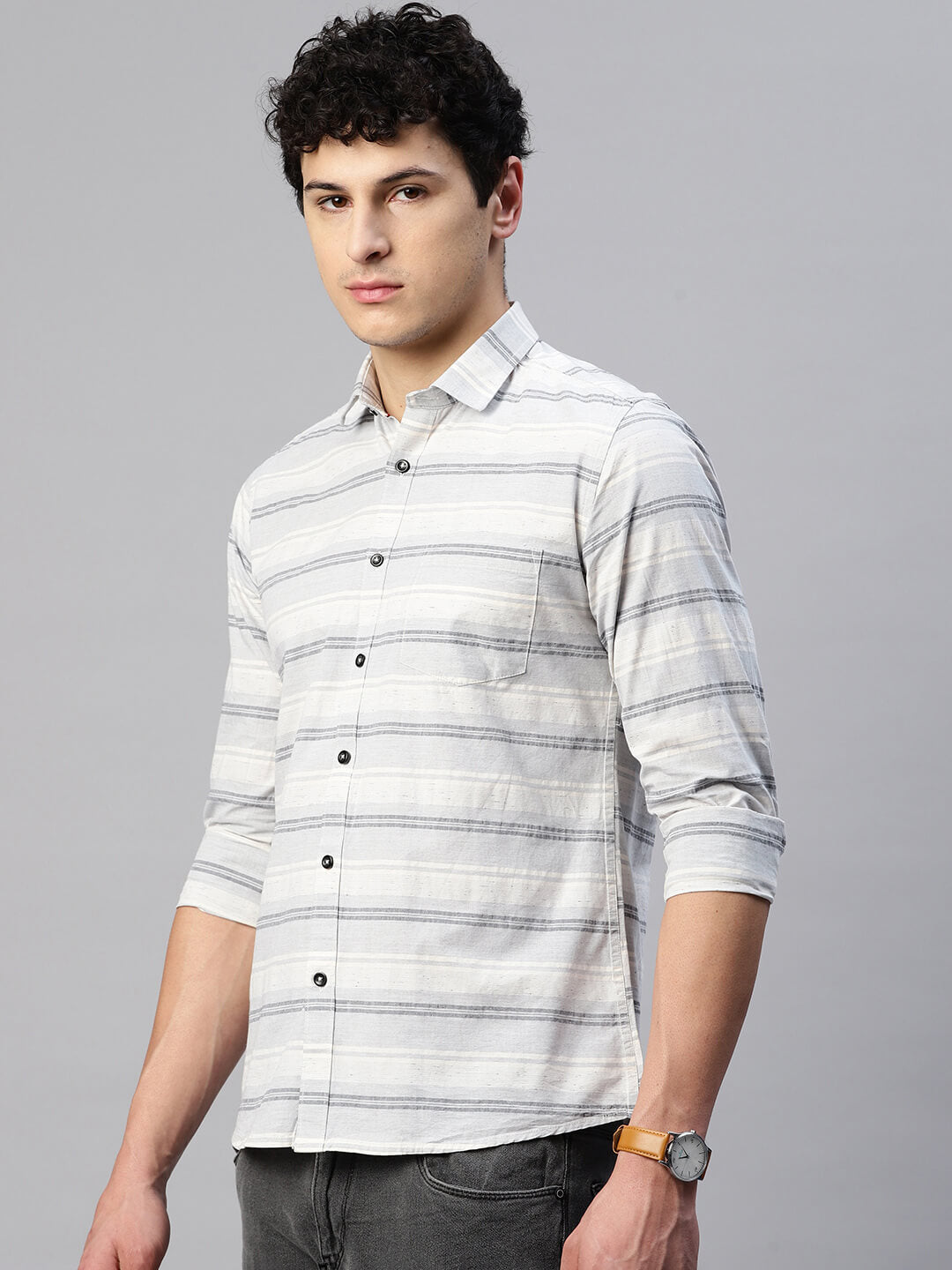 5thanfold Men's Pure Cotton Casual Full Sleeve Striped Grey Slim Fit Shirt