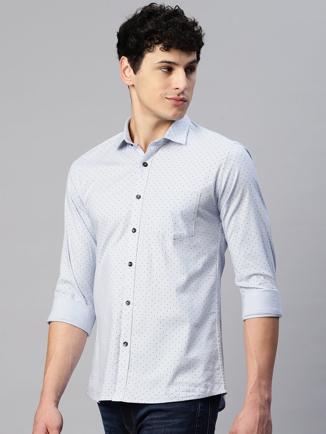 5thanfold Men's Casual  Pure Cotton Lycra (Stretch) Full Sleeve Polka Print Sky Blue Slim Fit Shirt