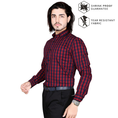 5thanfold Men's Formal Pure Cotton Full Sleeve Checkered Red Slim Fit Shirt