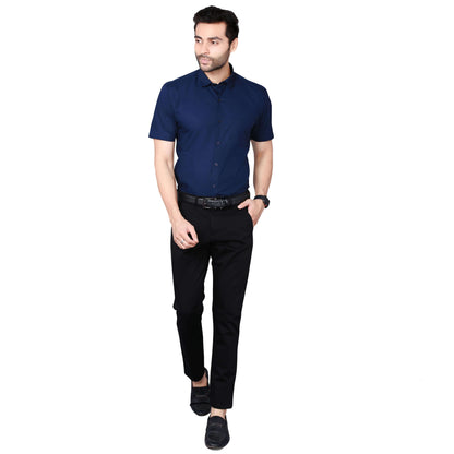 5thanfold Men's Formal Pure Cotton Half Sleeve Solid Light Navy Slim Fit Shirt