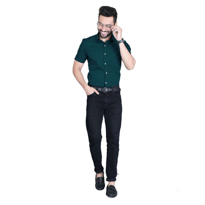 5thanfold Men's Formal Pure Cotton Half Sleeve Solid Peakok Green Slim Fit Shirt