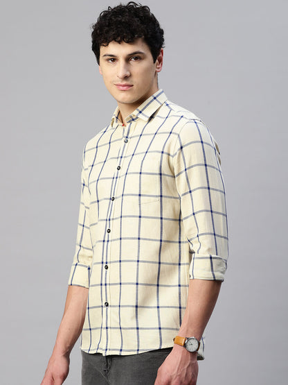 5thanfold Men's Casual Pure Cotton Full Sleeve Checkered Yellow  Slim Fit Shirt