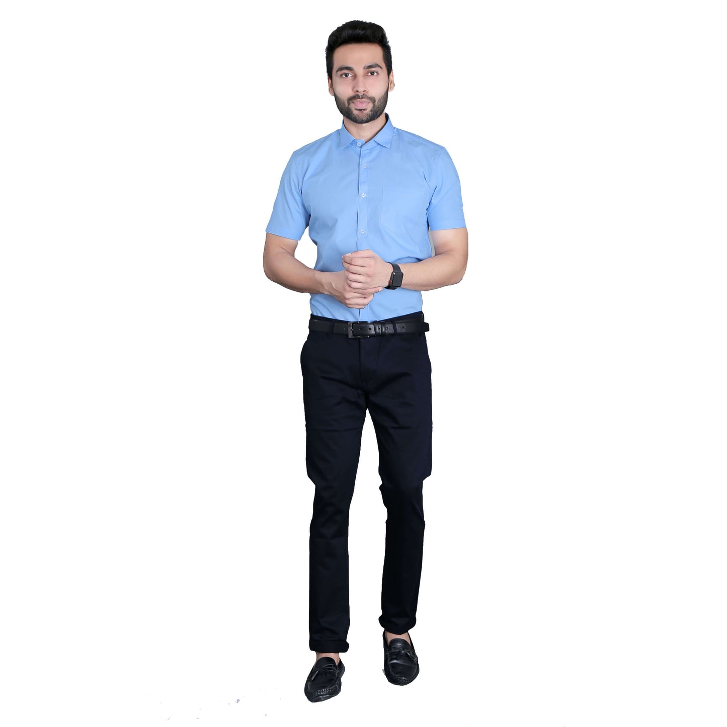 5thanfold Men's Formal Pure Cotton Half Sleeve Solid Sky Blue Slim Fit Shirt