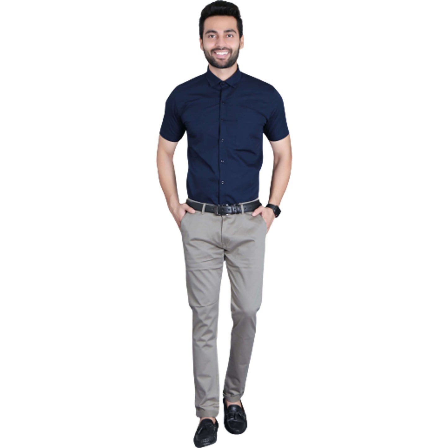 5thanfold Men's Formal Pure Cotton Half Sleeve Solid Navy Blue Slim Fit Shirt