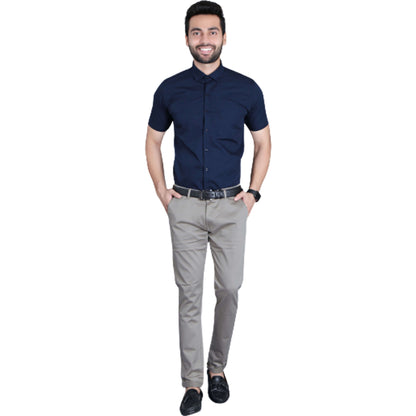 5thanfold Men's Formal Pure Cotton Half Sleeve Solid Navy Blue Slim Fit Shirt