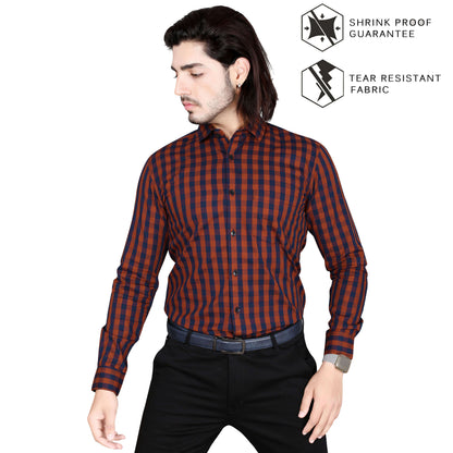 5thanfold Men's Formal Pure Cotton Full Sleeve Checkered Maroon Slim Fit Shirt