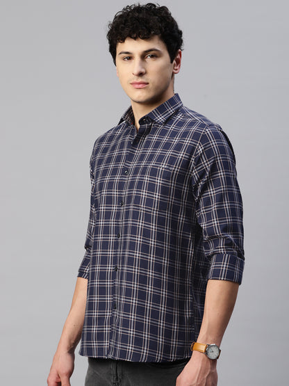 5thanfold Men's Casual Pure Cotton Full Sleeve Checkered Blue Slim Fit Shirt