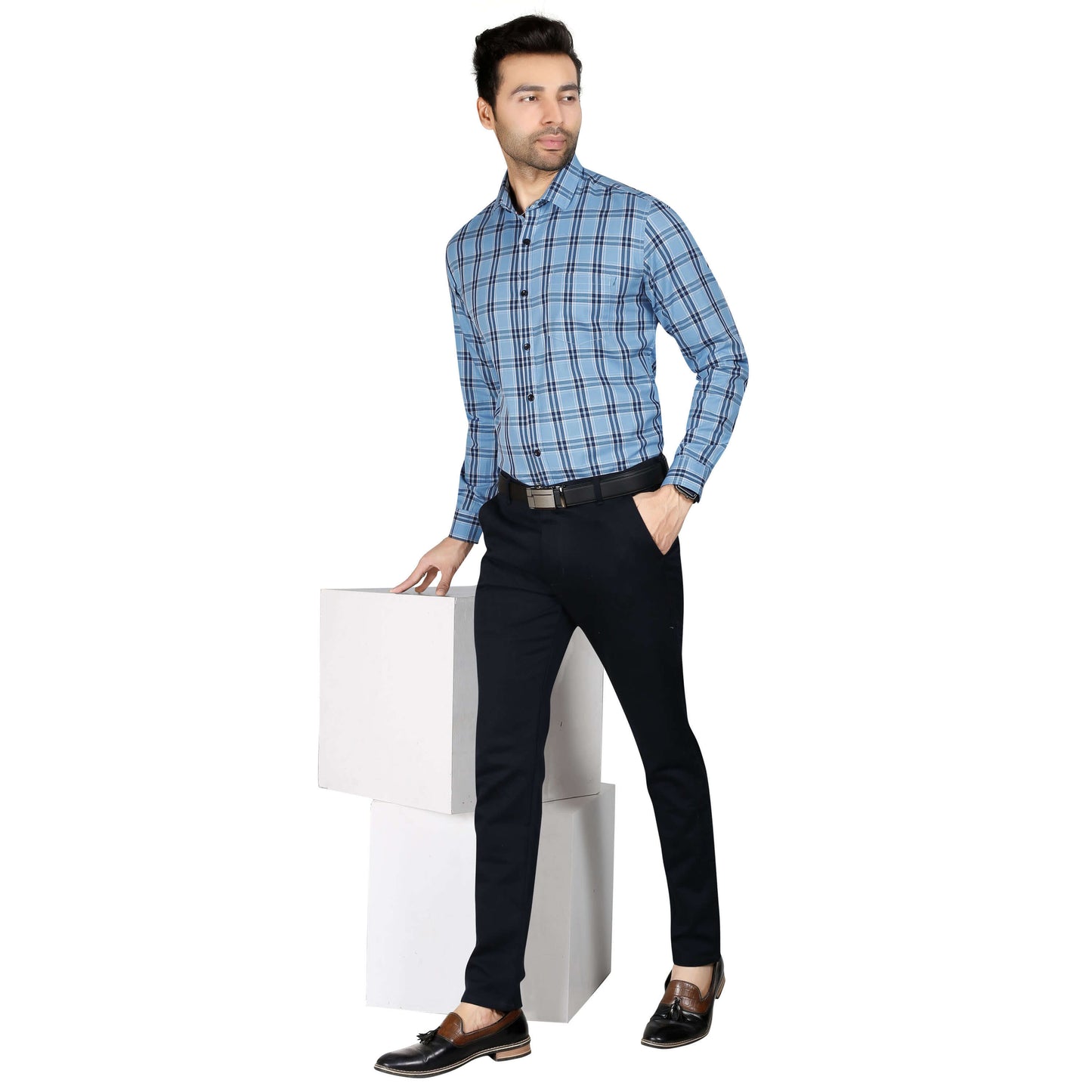 5thanfold Men's Formal Pure Cotton Full Sleeve Checkered Sky Blue Regular Fit Shirt