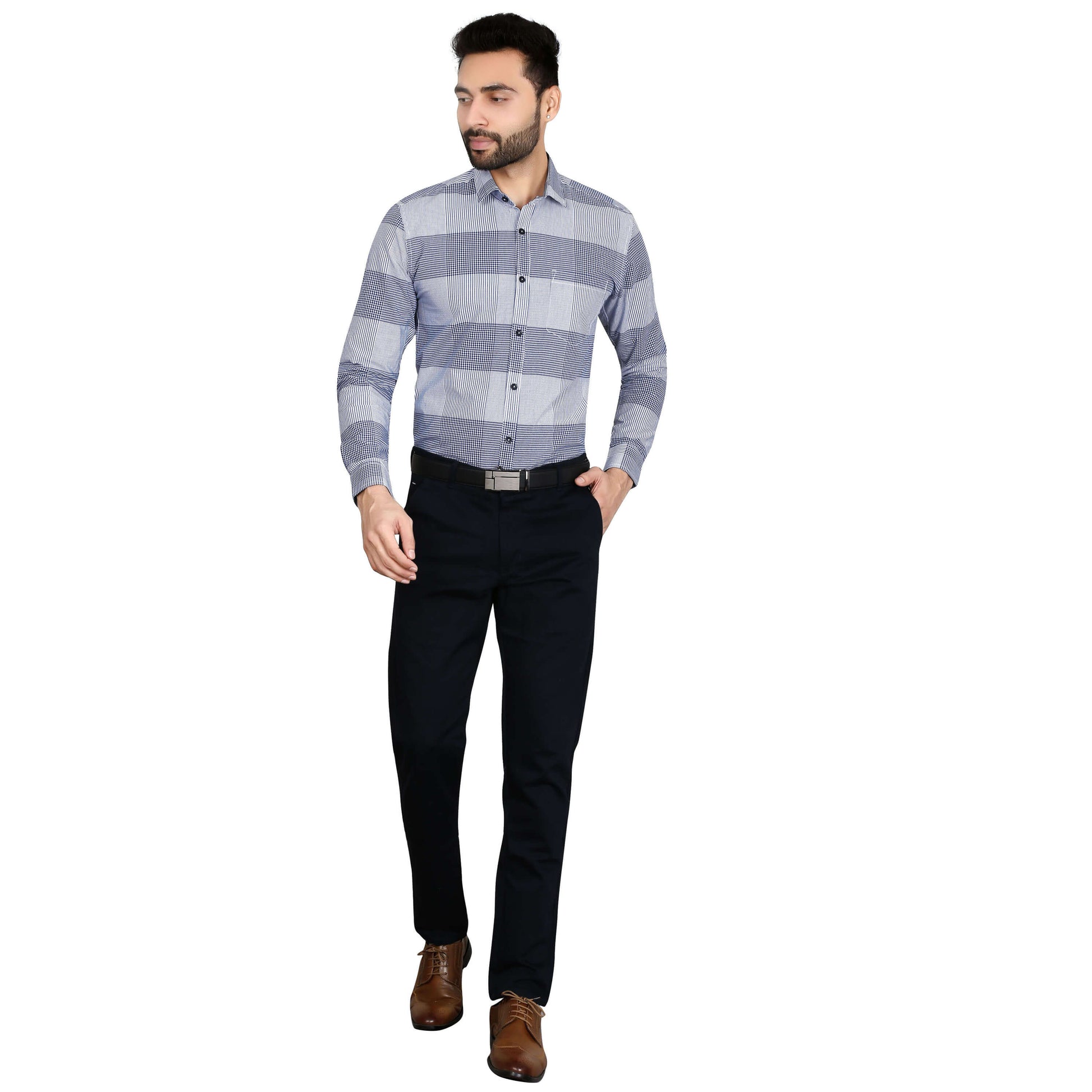 5thanfold Men's Formal Pure Cotton Full Sleeve Checkered Blue Regular Fit Shirt