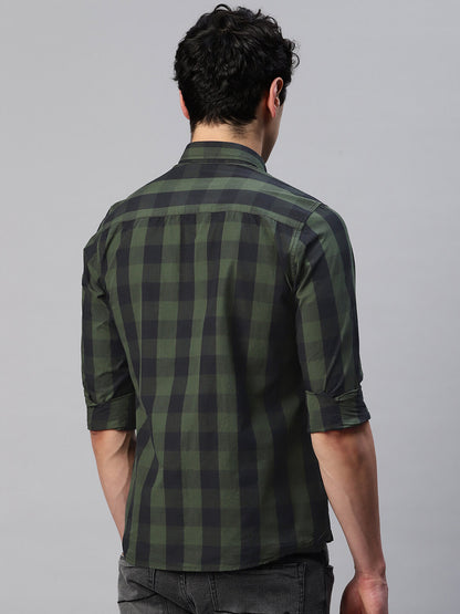 5thanfold Men's Casual Pure Cotton Full Sleeve Checkered Green Slim Fit Shirt