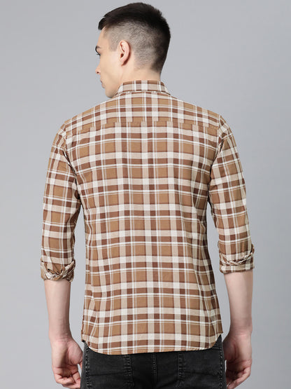 5thanfold Men's Casual Pure Cotton Full Sleeve Checkered Brown Slim Fit Shirt