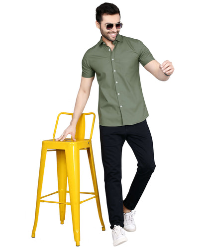 5thanfold Men's Casual Pure Cotton Half Sleeve Solid Rusty Green Slim Fit Shirt