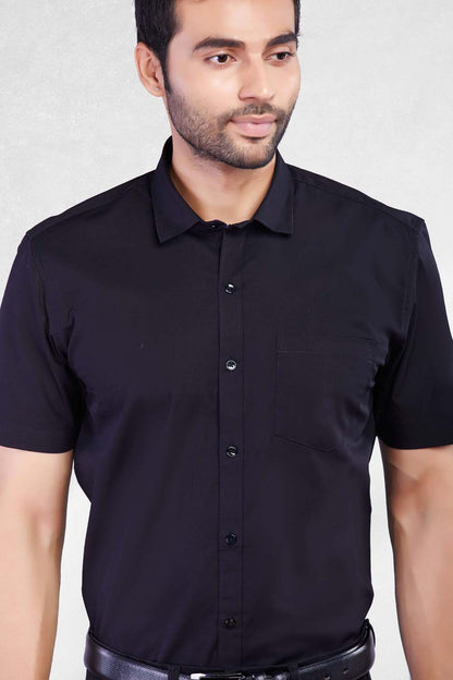 5thanfold Men's Formal Pure Cotton Half Sleeve Solid Black Slim Fit Shirt