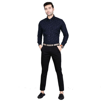 5thanfold Men's Formal Pure Cotton Full Sleeve Printed Dark Blue Slim Fit Shirt