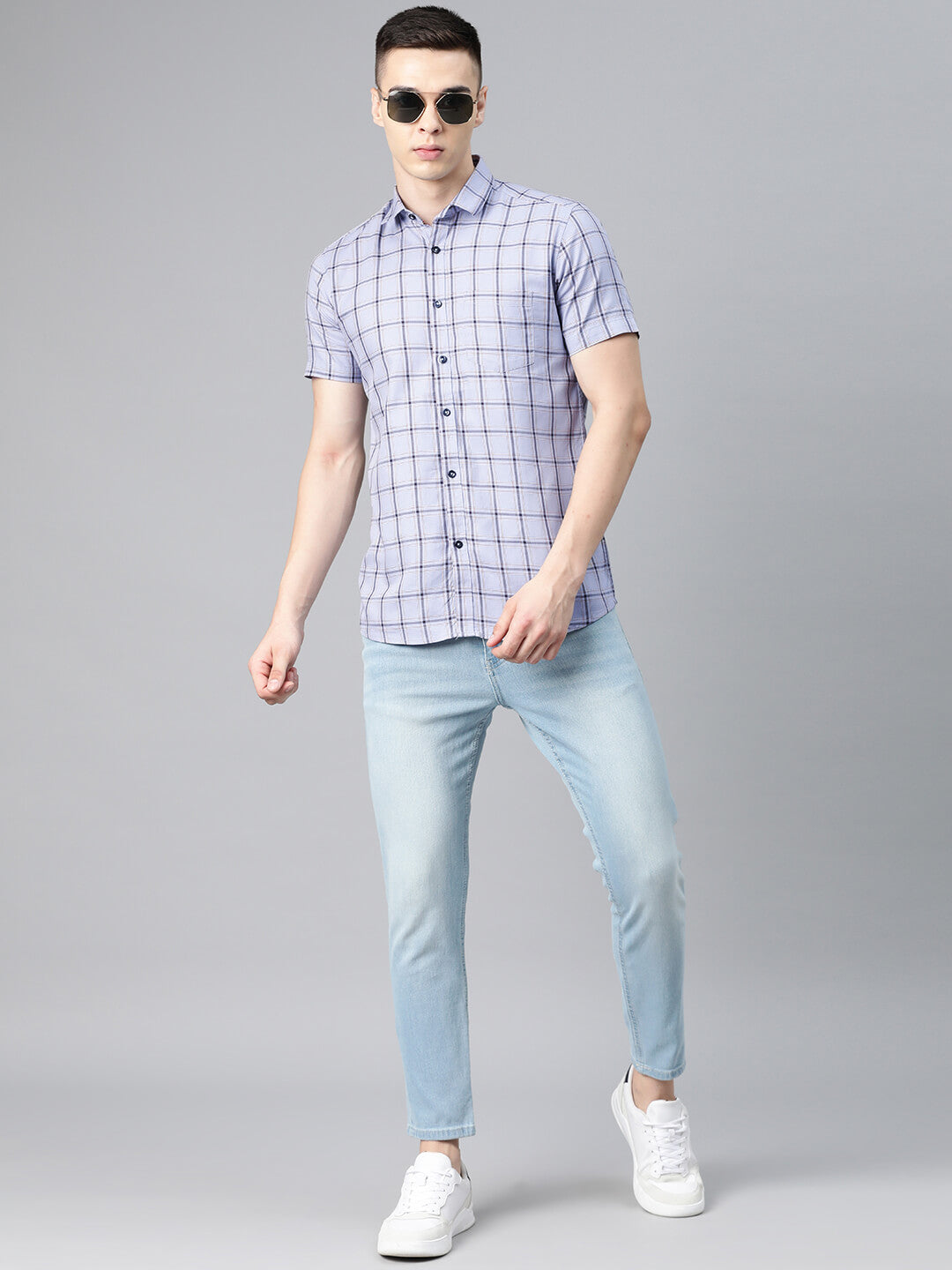 5thanfold Men's Casual Pure Cotton Half Sleeve Checkered Blue Slim Fit Shirt