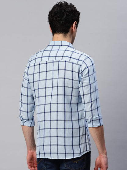 5thanfold Men's Casual Pure Cotton Full Sleeve Checkered Blue Slim Fit Shirt