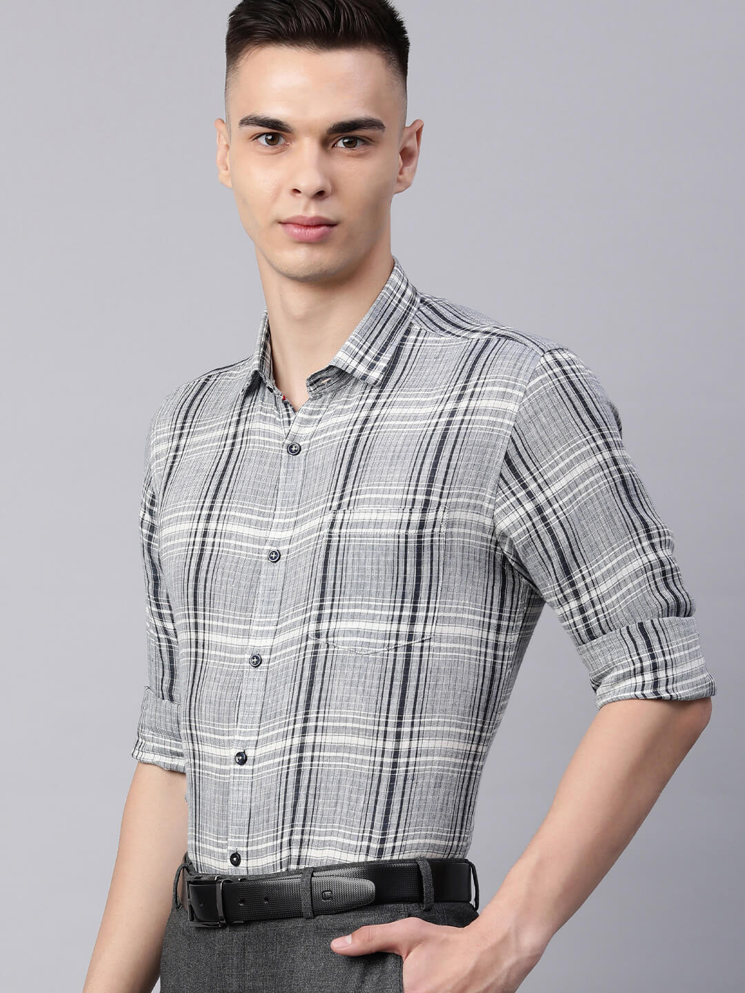 5thanfold Men's Casual Pure Cotton Full Sleeve Checkered Grey Slim Fit Shirt