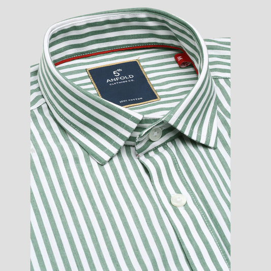 5thanfold Men's Formal Pure Cotton Full Sleeve Striped Green Slim Fit Shirt